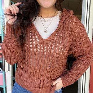 Wishlist Women's V-Neck Hooded Sweater in Warm‎ Rusty Brown Size Large​